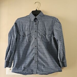 ​Panhandle Boys Western Shirt Large (14) Blue Geometric Pearl Snap Long Sleeve